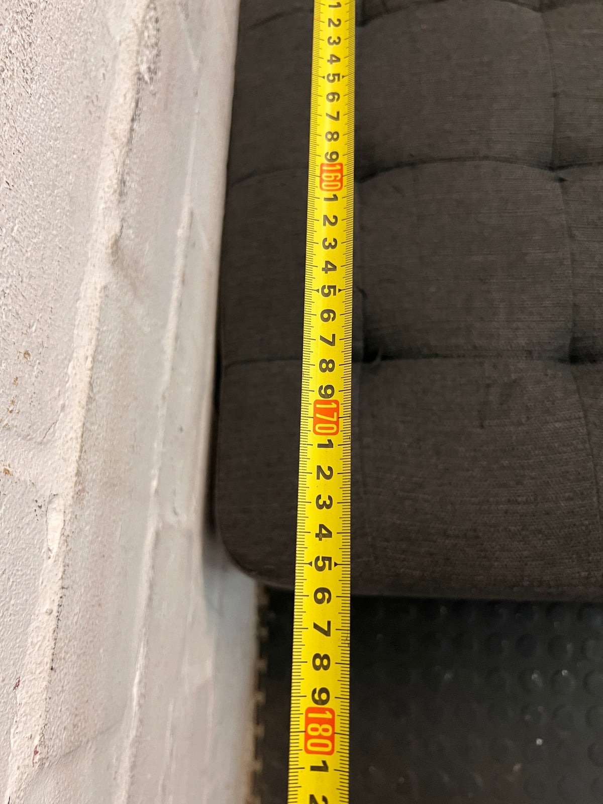 Grey Fabric L-Shape Sectional Couch with Metal Legs — Aged Grey Fabric; No Damage – depth measurement