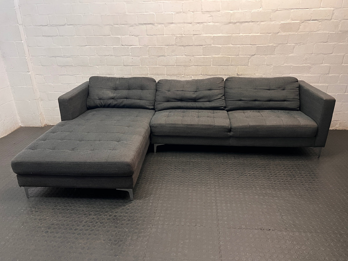 Grey Fabric L-Shape Sectional Couch with Metal Legs — Aged Grey Fabric; No Damage – main front view