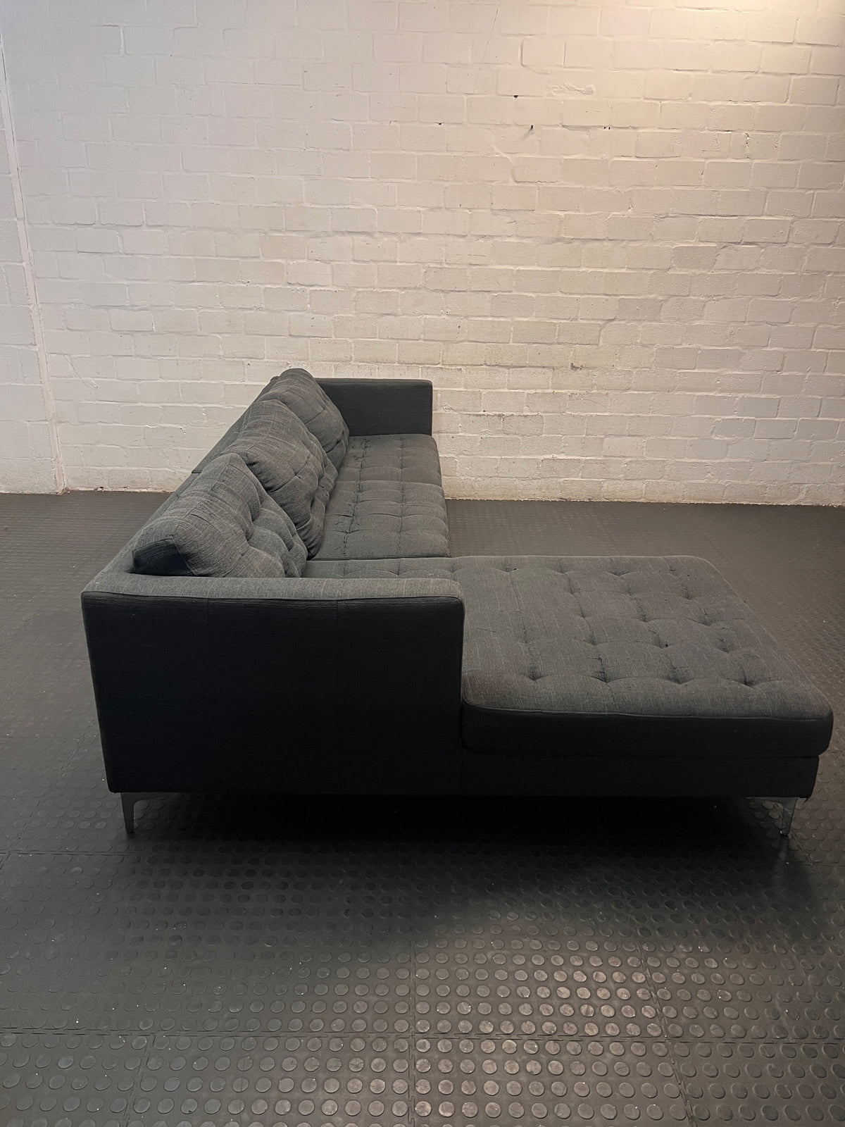 Grey Fabric L-Shape Sectional Couch with Metal Legs — Aged Grey Fabric; No Damage – side view