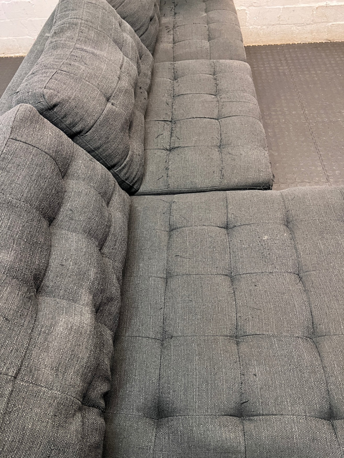 Grey Fabric L-Shape Sectional Couch with Metal Legs — Aged Grey Fabric; No Damage – top view