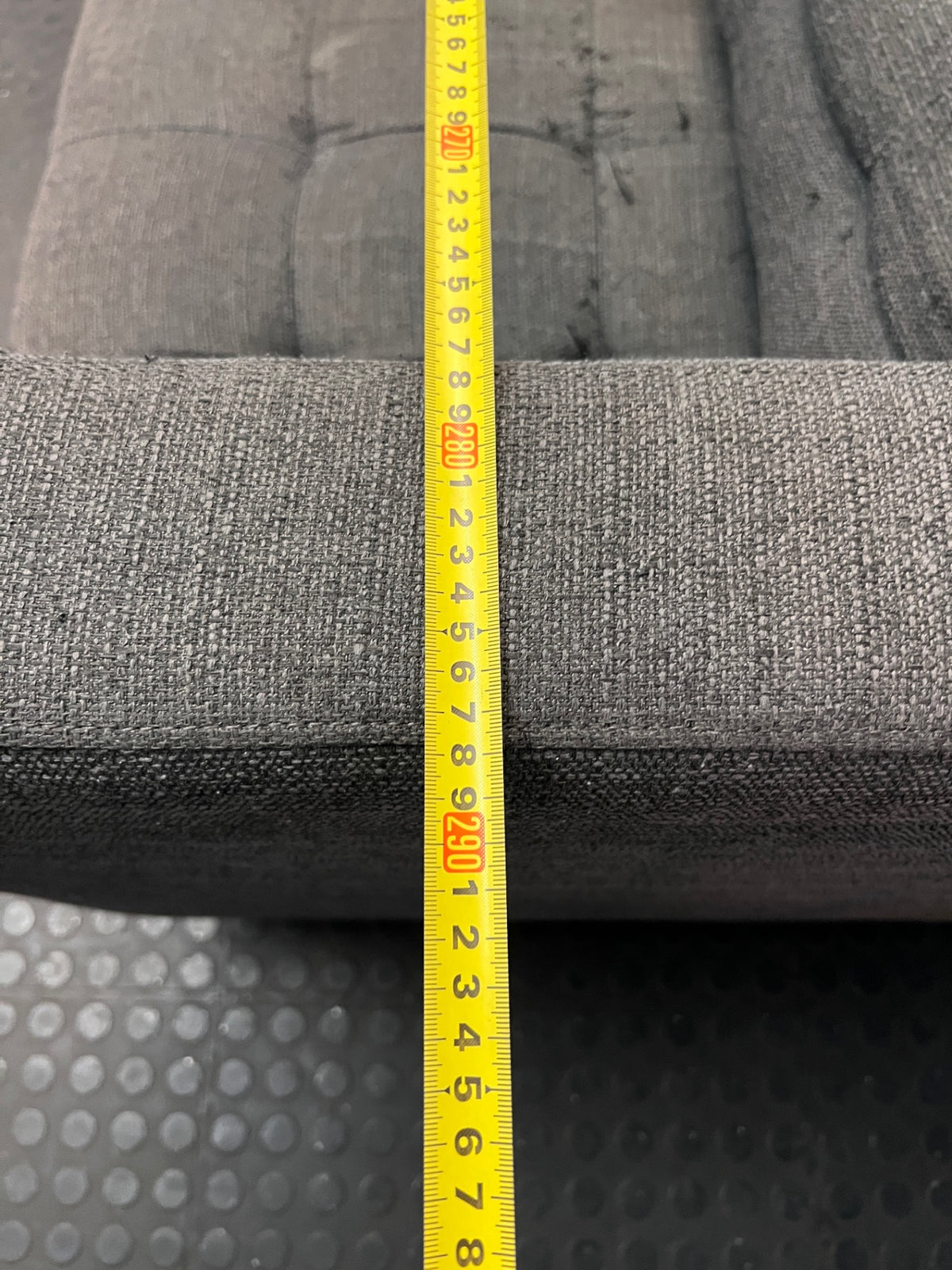Grey Fabric L-Shape Sectional Couch with Metal Legs — Aged Grey Fabric; No Damage – width measurement