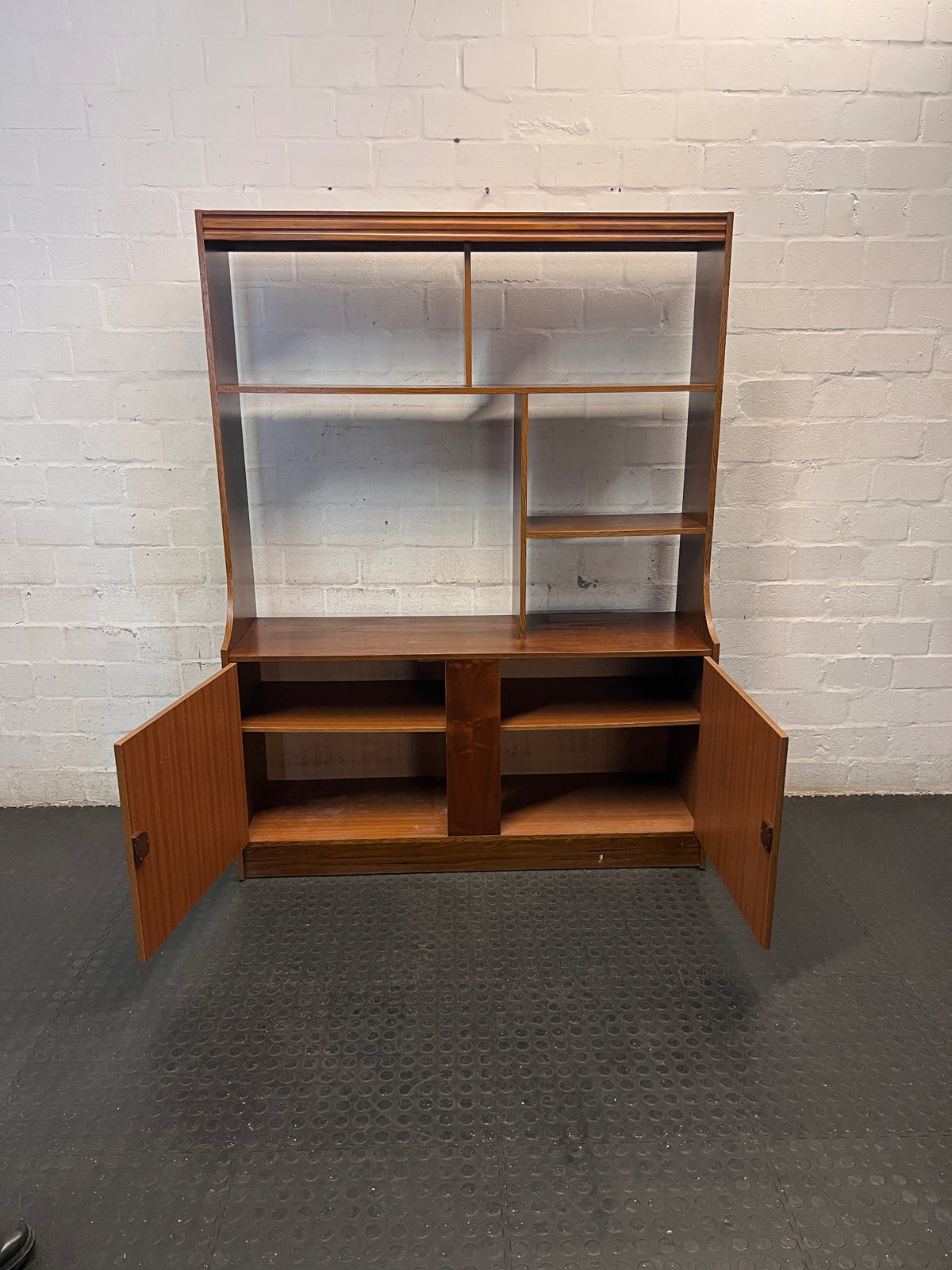 Mid-Century Style Wooden Wall Unit with Cupboard — Well Used Condition – side view
