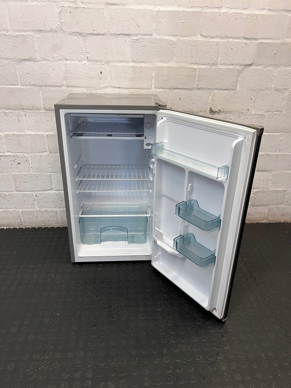 Dixon Silver Bar Fridge — Working Well; Missing Lower Door Shelf – side view