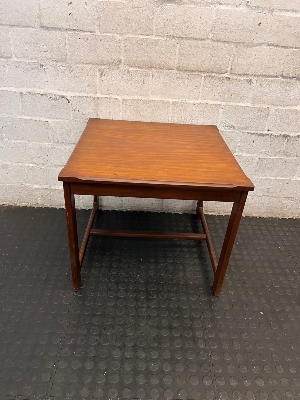 Square Wooden Side Table with Chamfered Edge — Well Used Condition – back view