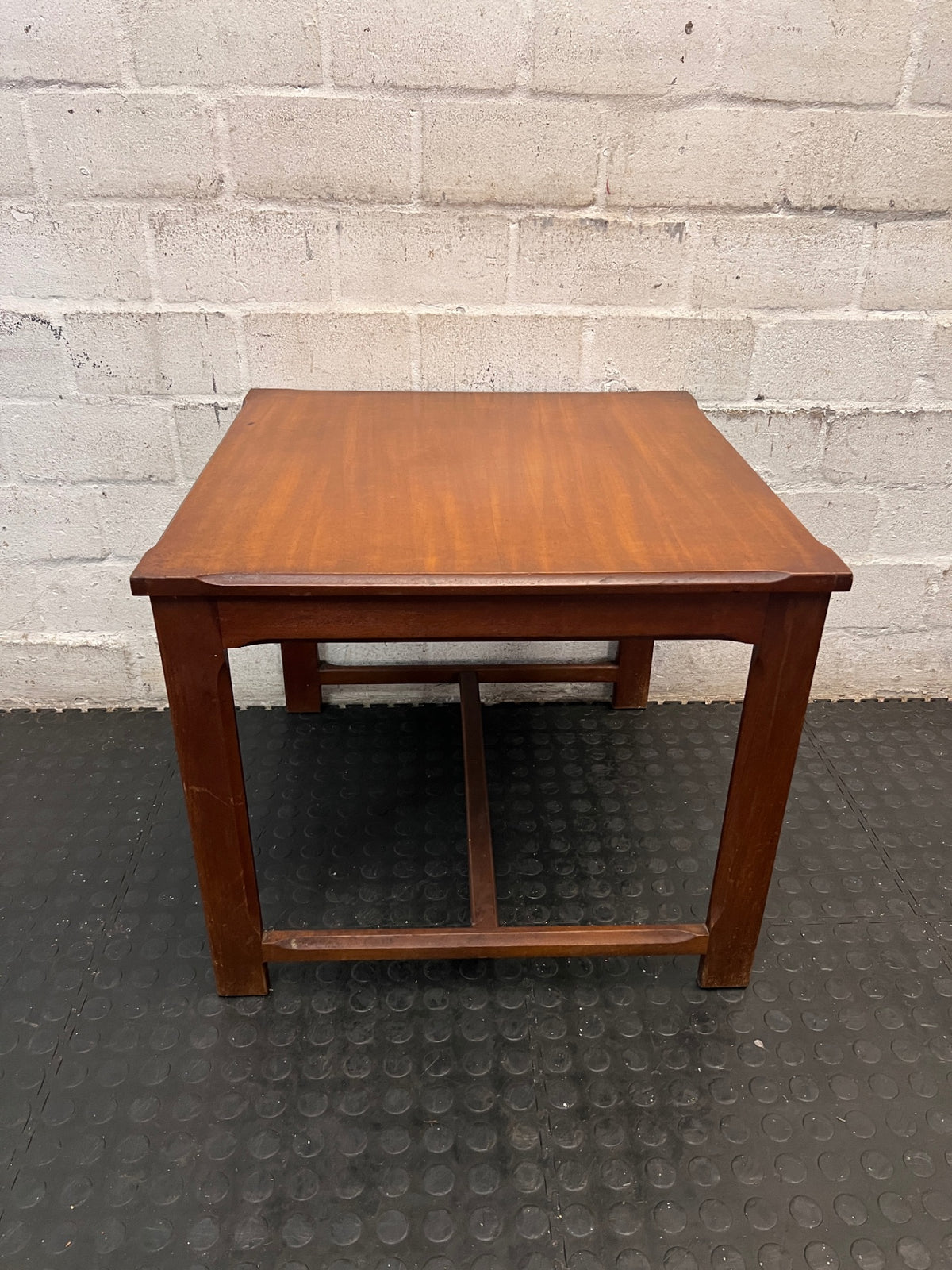 Square Wooden Side Table with Chamfered Edge — Well Used Condition – top view