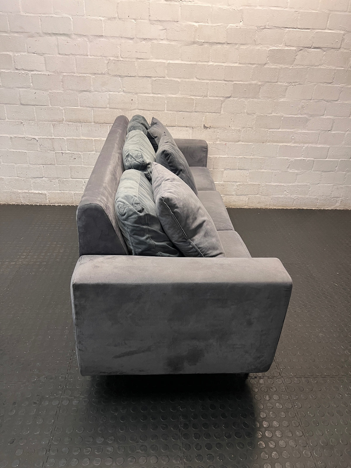 Grey 3 Seater Couch with Scatter Cushions — Damaged Condition – back view