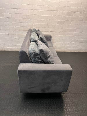 Grey 3 Seater Couch with Scatter Cushions — Damaged Condition – back view
