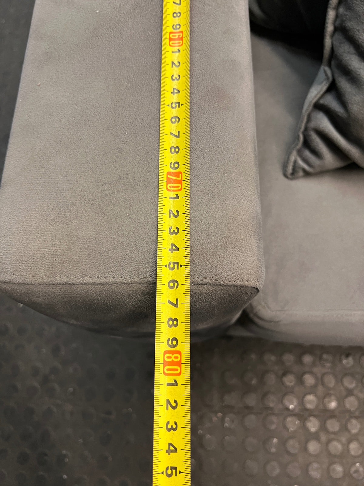 Grey 3 Seater Couch with Scatter Cushions — Damaged Condition – depth measurement