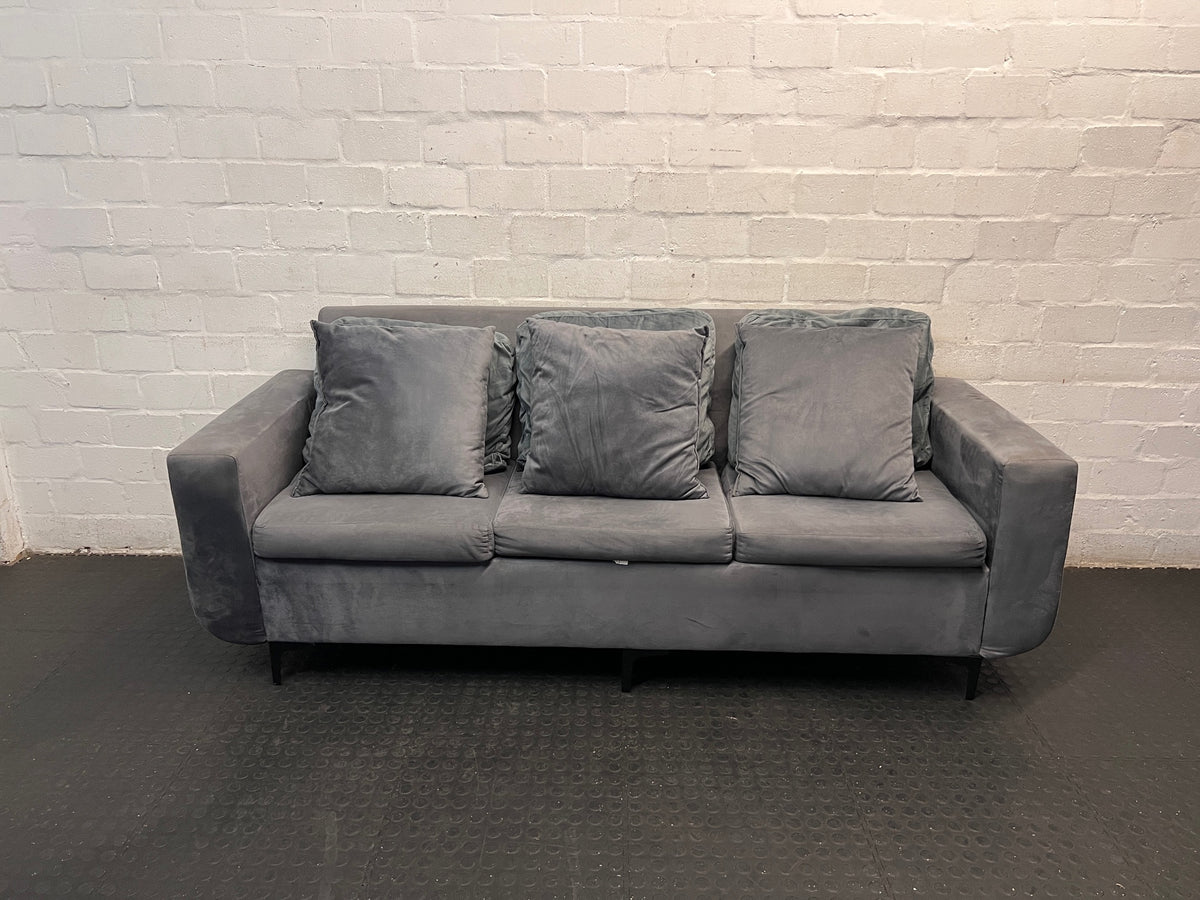Grey 3 Seater Couch with Scatter Cushions — Damaged Condition – top view