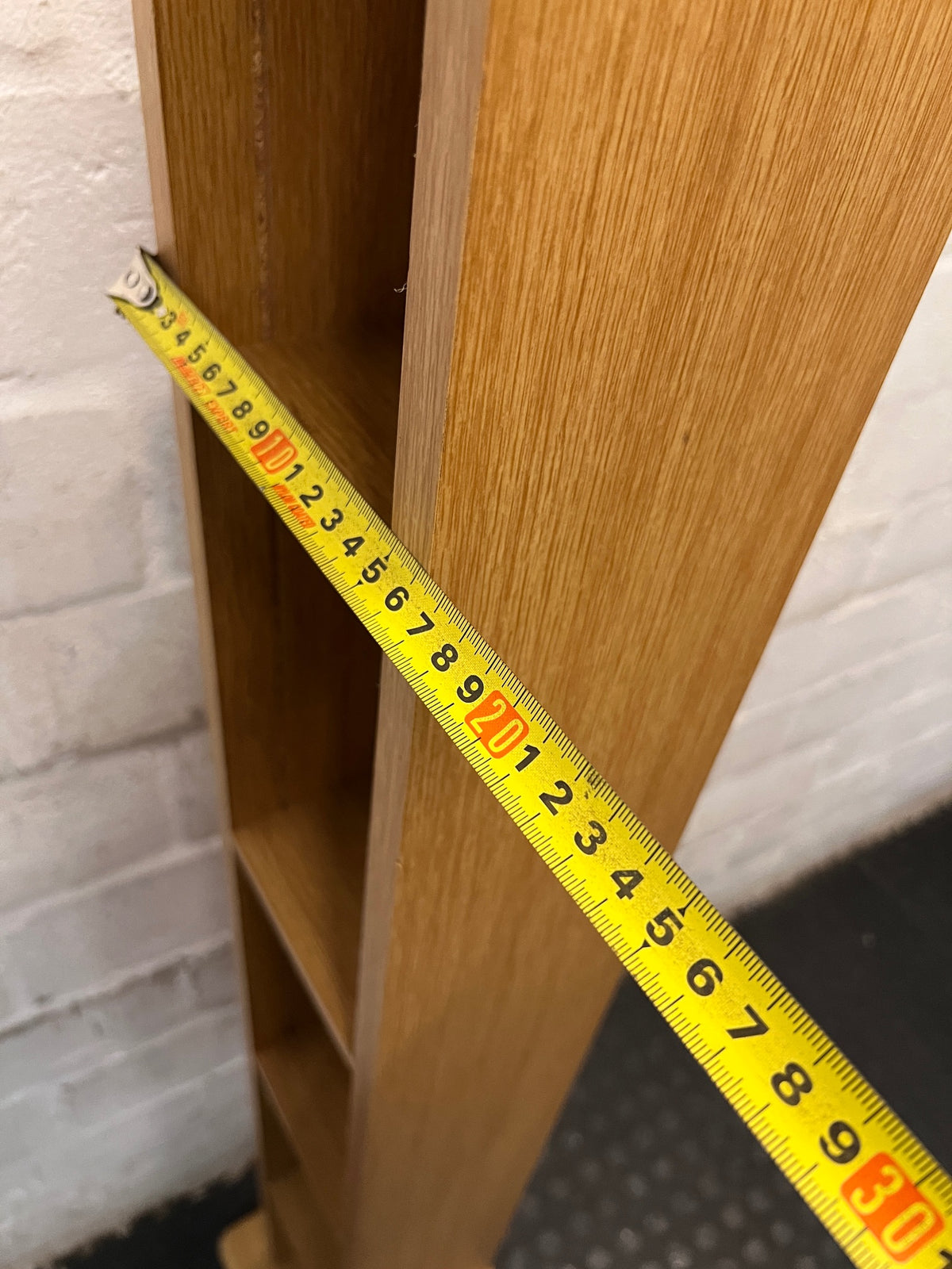 Slim Oak Finished CD Organiser Tower — Clean and Tidy Condition – depth measurement