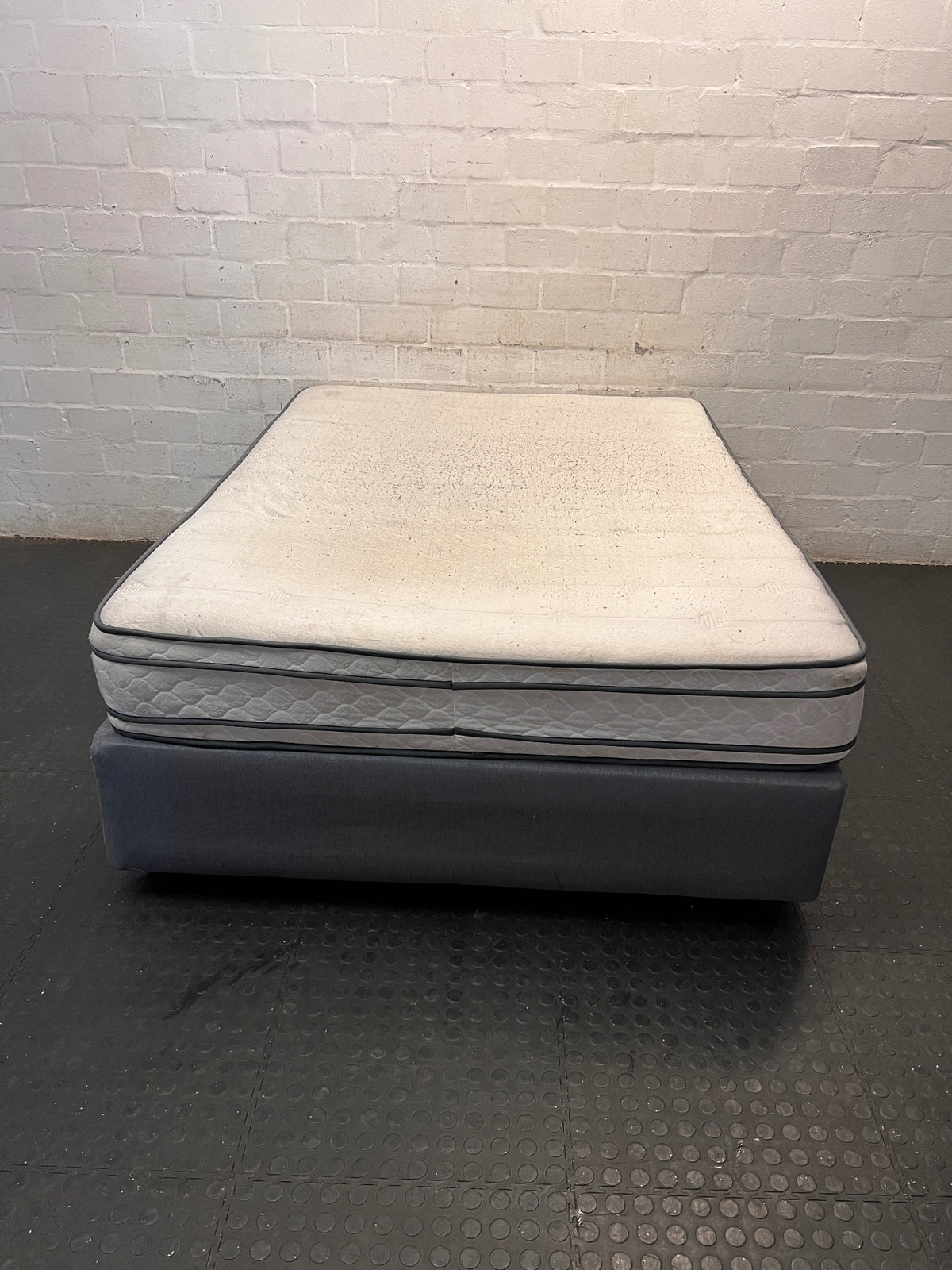 Grey Upholstered Queen Base Set — Used; Fair Condition (No Feet) – back view
