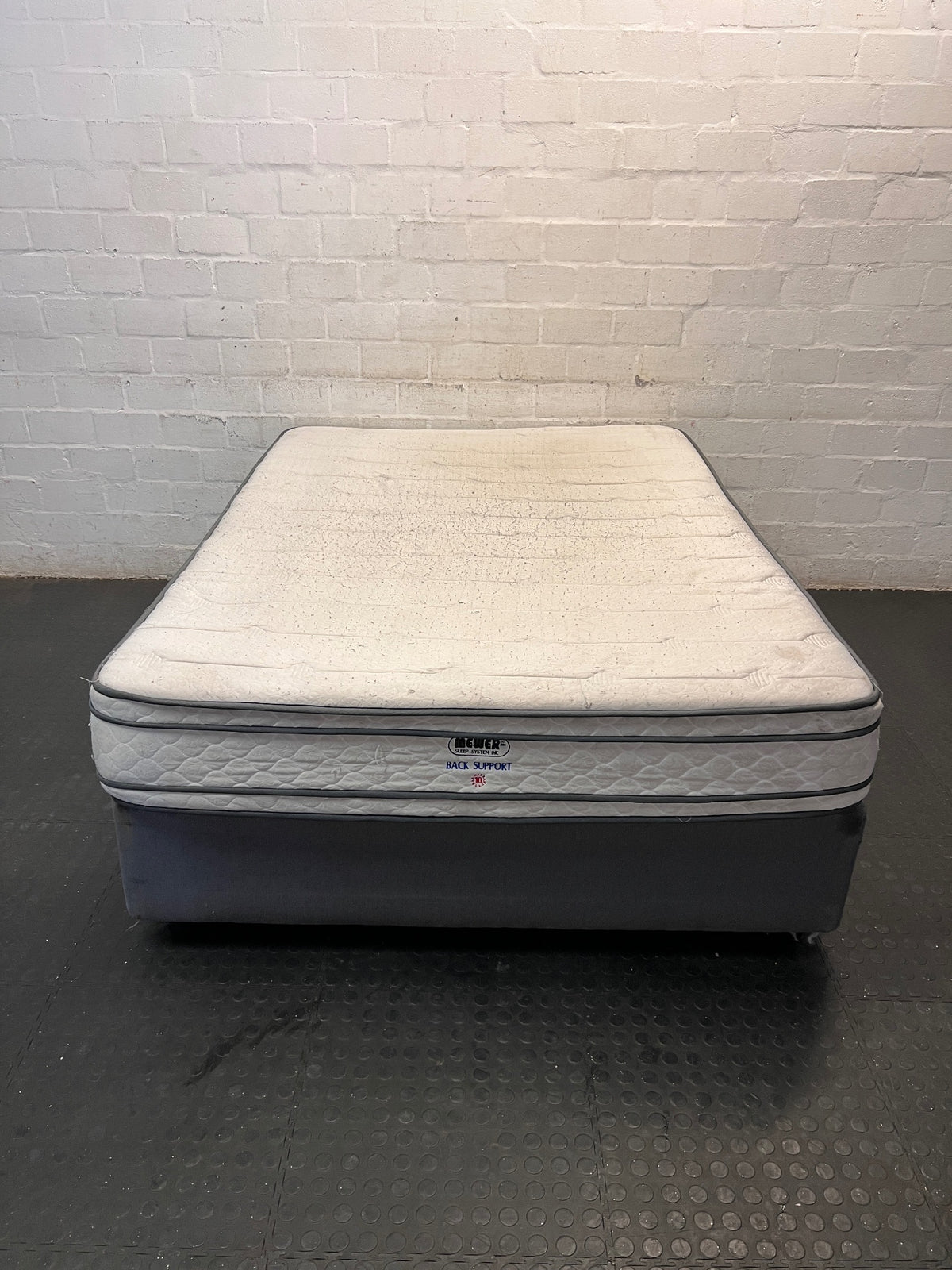 Grey Upholstered Queen Base Set — Used; Fair Condition (No Feet) – main front view