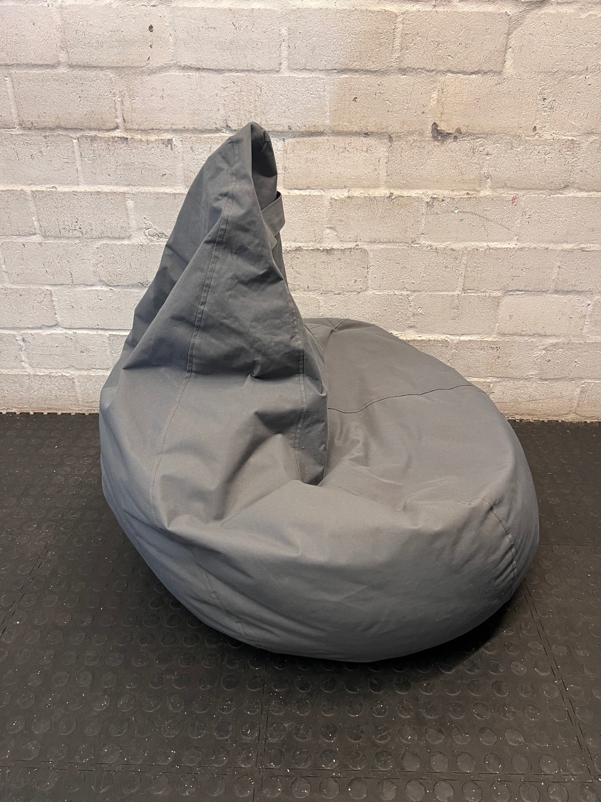 Grey Canvas Teardrop Bean Bag Lounge Chair — Fair Condition with General Wear – back view