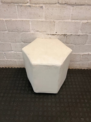 White Hexagonal Upholstered Ottoman — Aged Upholstery with Visible Wear – condition detail