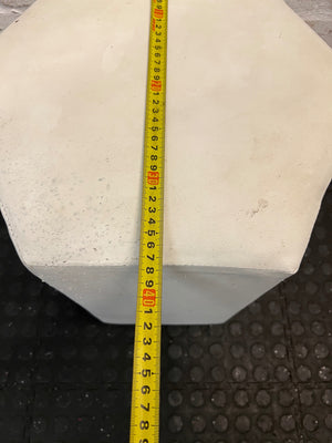 White Hexagonal Upholstered Ottoman — Aged Upholstery with Visible Wear – width measurement