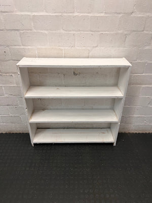 White Wooden Low Bookshelf — Well Used with Visible Surface Wear – condition detail