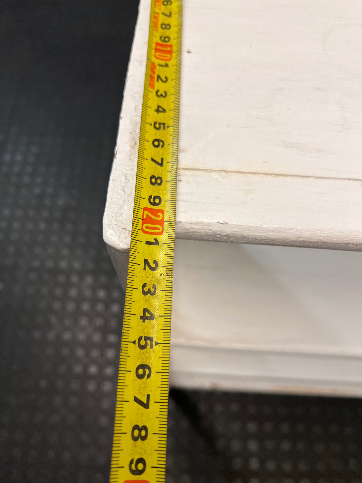 White Wooden Low Bookshelf — Well Used with Visible Surface Wear – depth measurement
