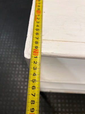 White Wooden Low Bookshelf — Well Used with Visible Surface Wear – depth measurement