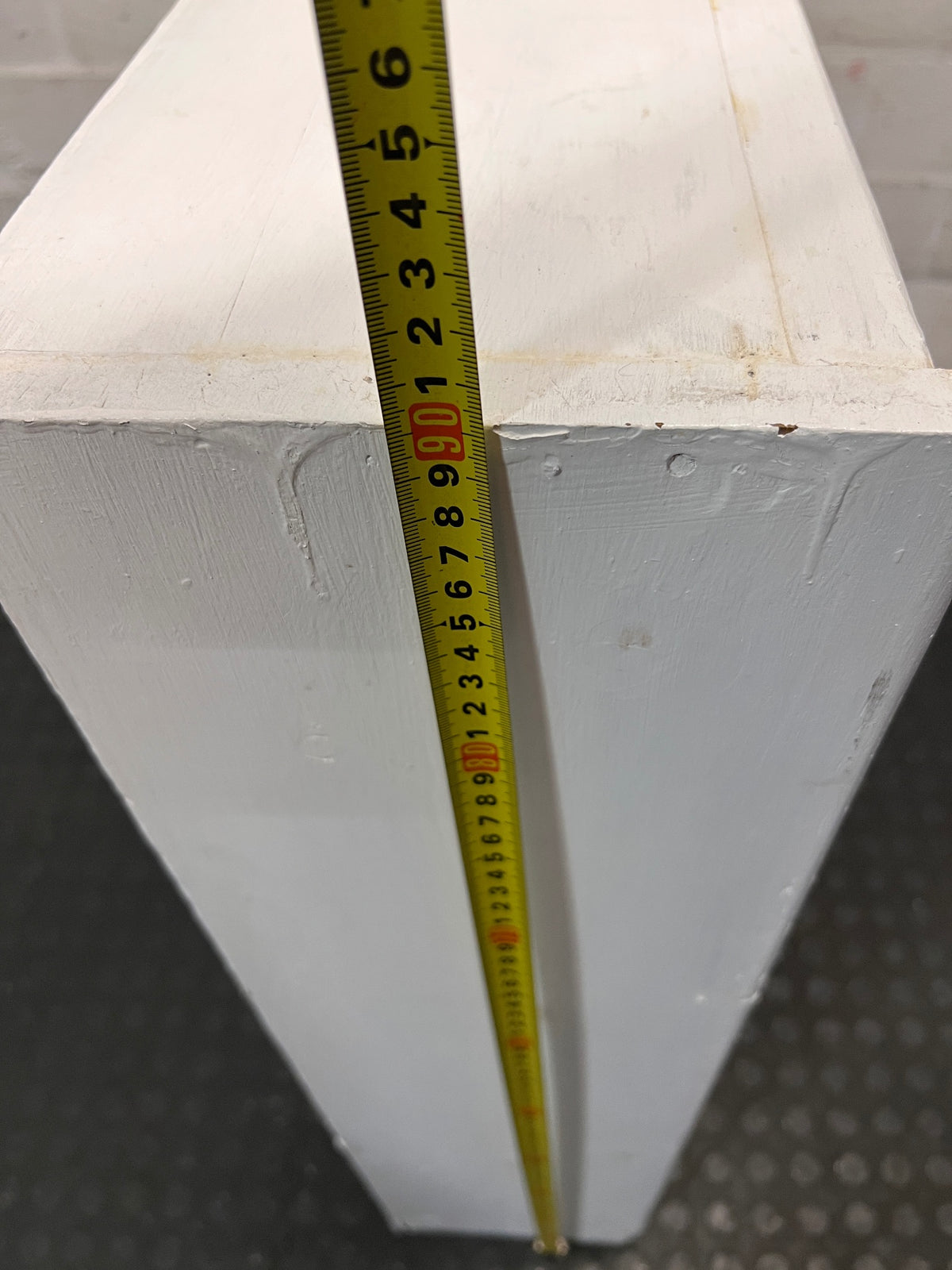 White Wooden Low Bookshelf — Well Used with Visible Surface Wear – height measurement