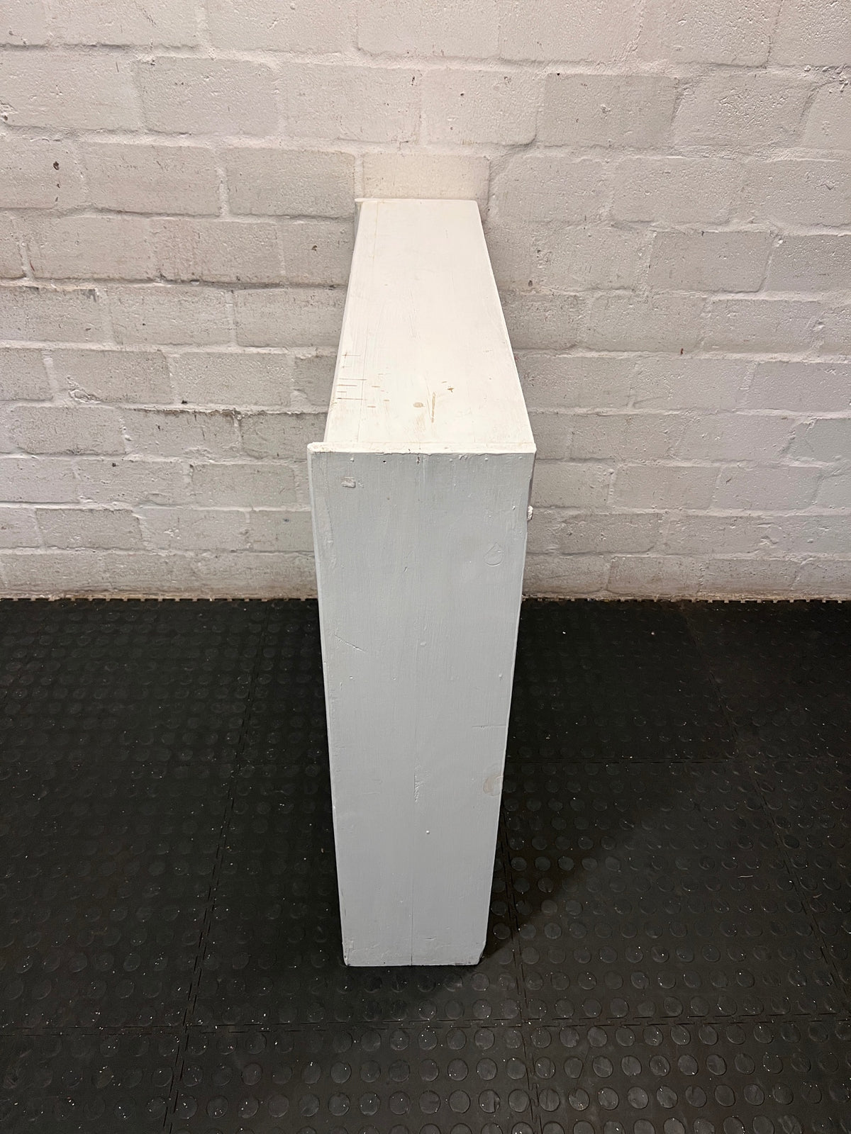 White Wooden Low Bookshelf — Well Used with Visible Surface Wear – side view