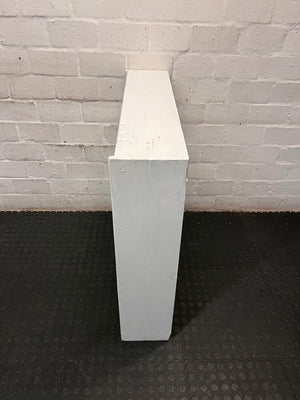 White Wooden Low Bookshelf — Well Used with Visible Surface Wear – side view