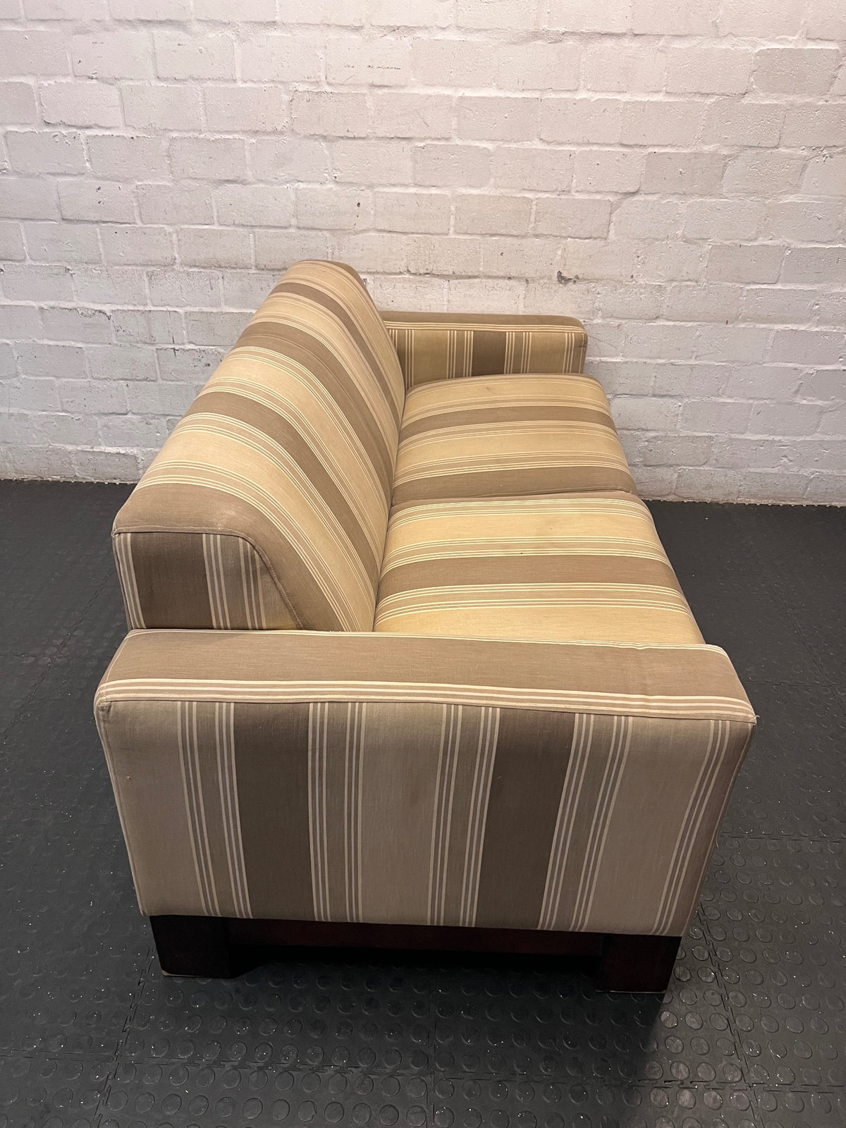 Coricraft Striped Beige and Brown 2 Seater Couch — Oversized for Standard Door Passage – back view