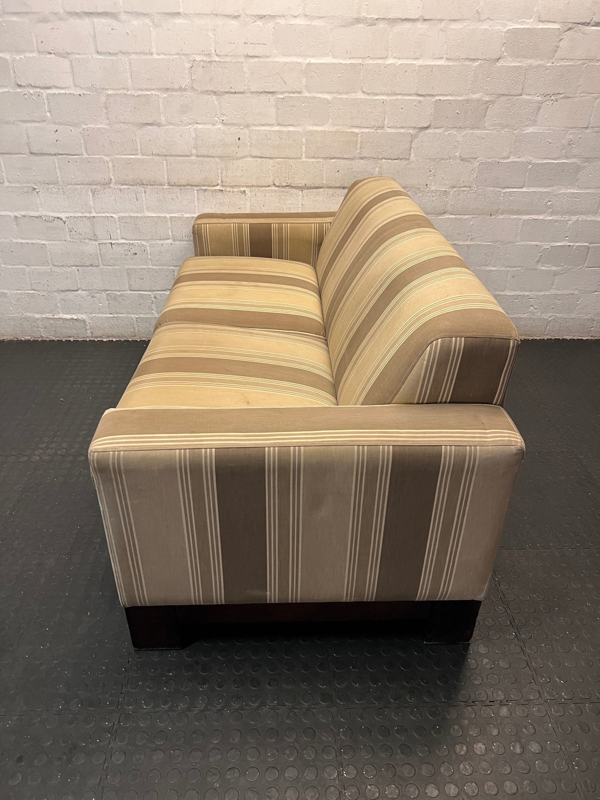 Coricraft Striped Beige and Brown 2 Seater Couch — Oversized for Standard Door Passage – side view