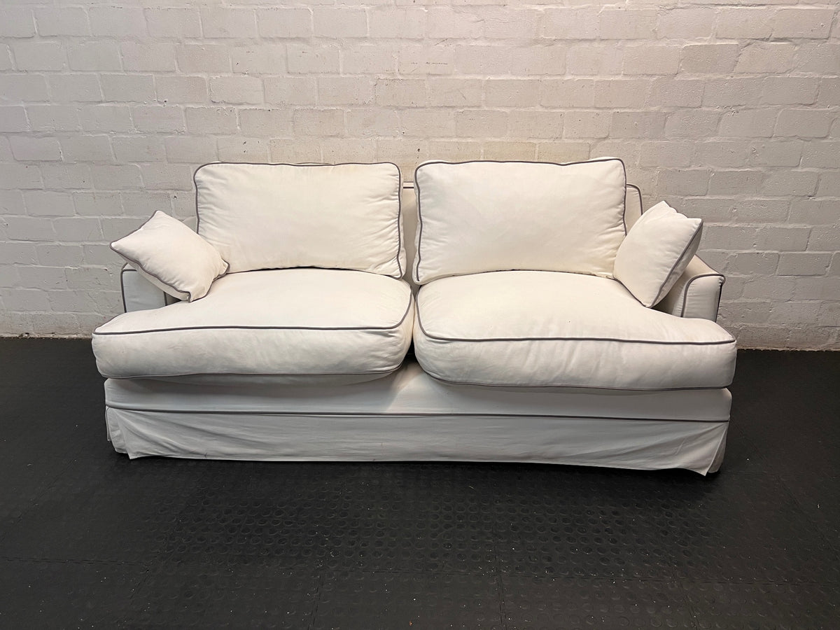 Cream Fabric 3 Seater Couch with Contrast Piping — Good Working Order – main front view