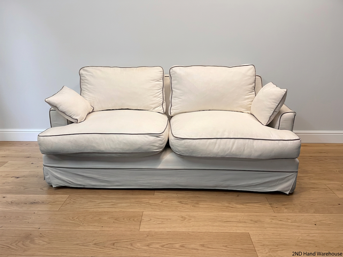 Cream Fabric 3 Seater Couch with Contrast Piping — Good Working Order – styled product image