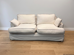 Cream Fabric 3 Seater Couch with Contrast Piping — Good Working Order – styled product image