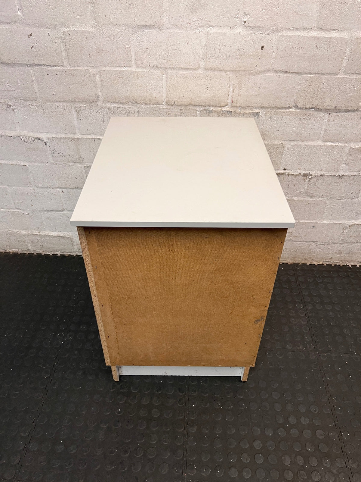 White 3-Drawer Bedside Table with Brass Handles — Fair Condition with Removable Top – back view