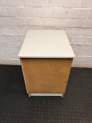 White 3-Drawer Bedside Table with Brass Handles — Fair Condition with Removable Top – back view
