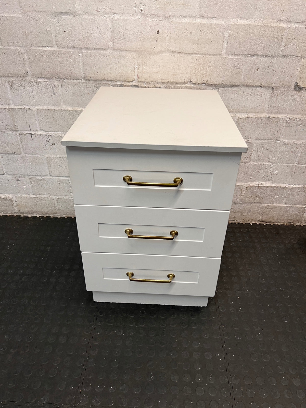 White 3-Drawer Bedside Table with Brass Handles — Fair Condition with Removable Top – main front view