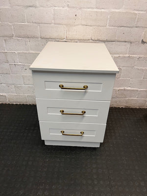 White 3-Drawer Bedside Table with Brass Handles — Fair Condition with Removable Top – main front view
