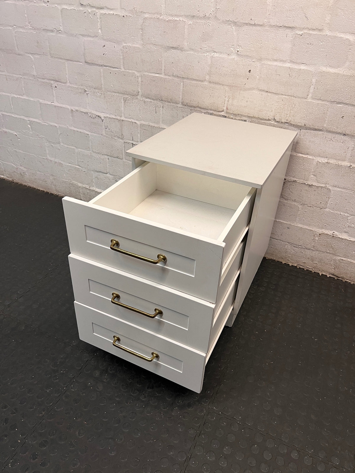 White 3-Drawer Bedside Table with Brass Handles — Fair Condition with Removable Top – side view
