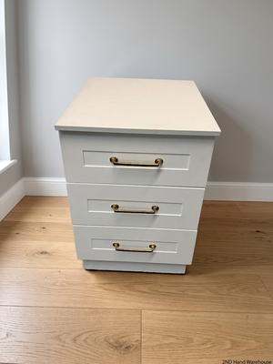 White 3-Drawer Bedside Table with Brass Handles — Fair Condition with Removable Top – styled product image