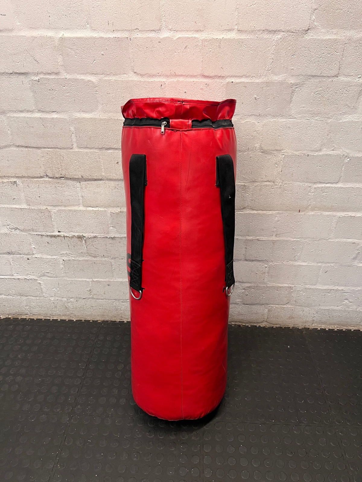 Red Headstart Heavy Boxing Bag with Hanging Straps — Good Working Order – back view