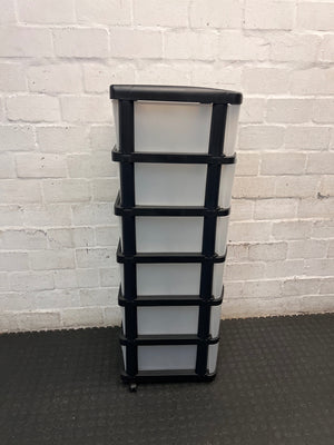 6-Tier Black and Translucent Plastic Storage Tower — Used; Fair Condition – back view