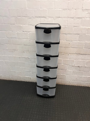6-Tier Black and Translucent Plastic Storage Tower — Used; Fair Condition – main front view