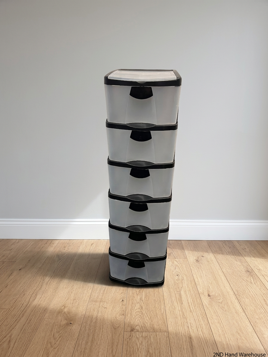 6-Tier Black and Translucent Plastic Storage Tower — Used; Fair Condition – styled product image