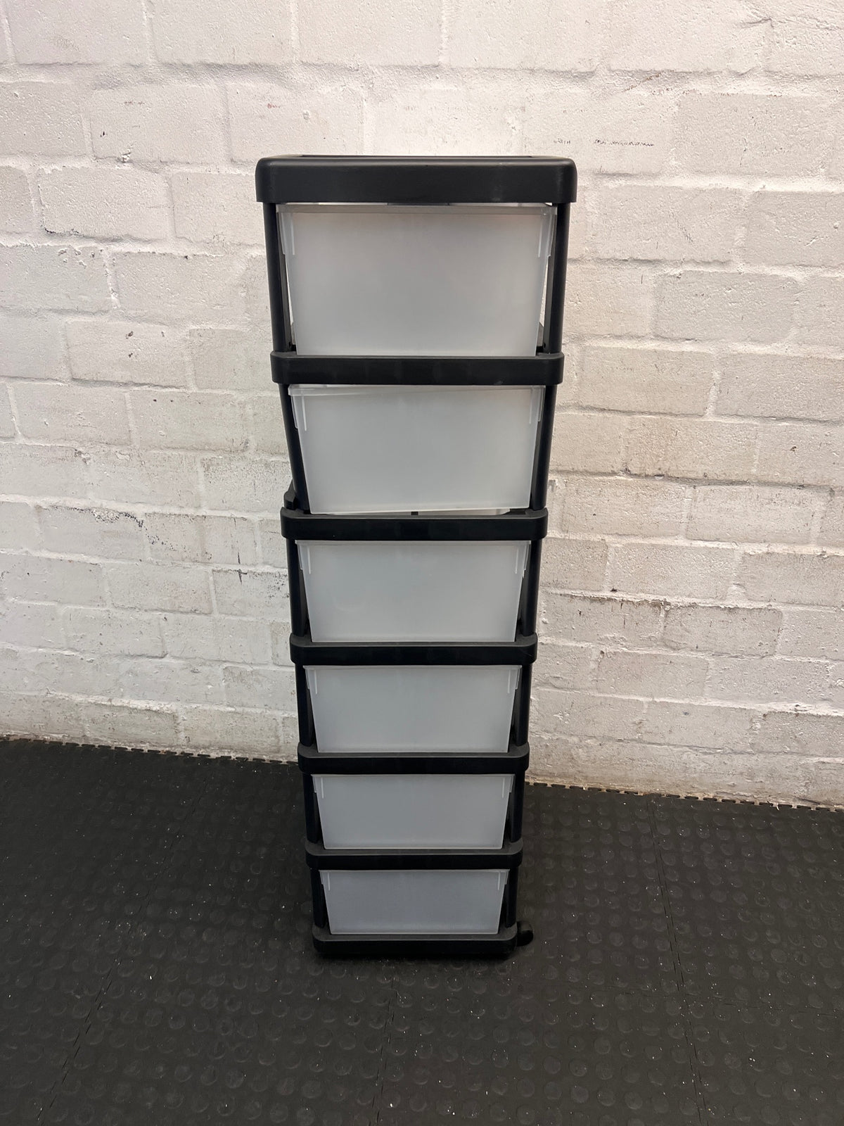 6-Tier Black and Translucent Plastic Storage Tower — Used; Fair Condition – top view