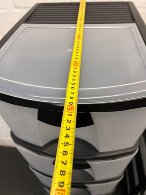 6-Tier Black and Translucent Plastic Storage Tower — Used; Fair Condition – width measurement