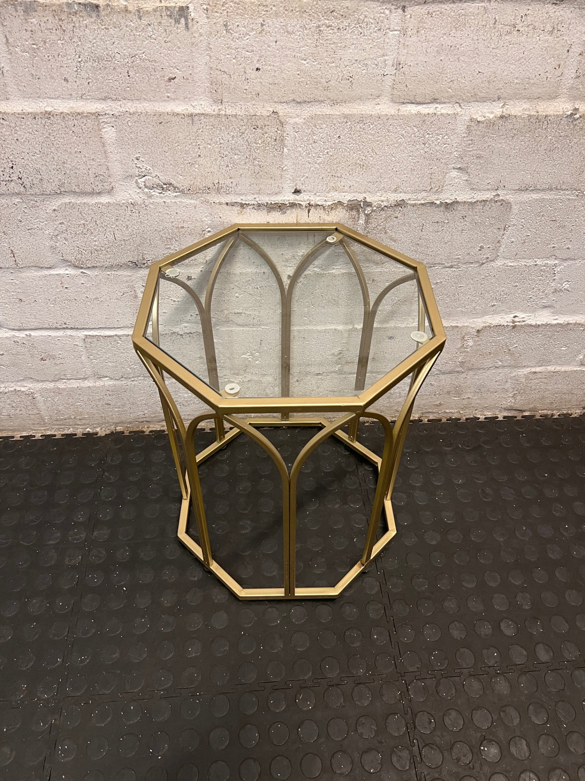 Hexagonal Gold Metal Side Table with Glass Top — Fair Used Condition – condition detail