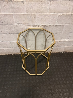 Hexagonal Gold Metal Side Table with Glass Top — Fair Used Condition – condition detail