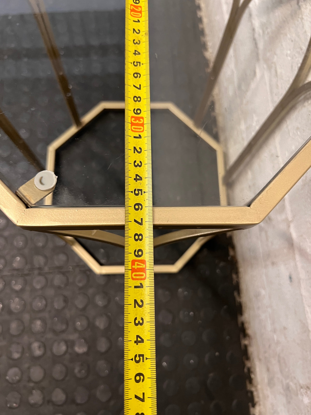 Hexagonal Gold Metal Side Table with Glass Top — Fair Used Condition – depth measurement