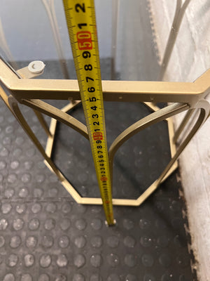 Hexagonal Gold Metal Side Table with Glass Top — Fair Used Condition – height measurement
