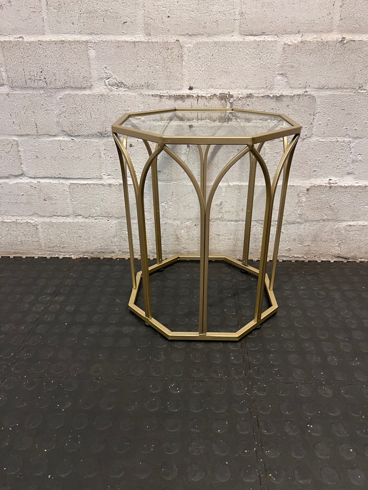 Hexagonal Gold Metal Side Table with Glass Top — Fair Used Condition – main front view