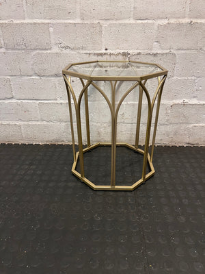 Hexagonal Gold Metal Side Table with Glass Top — Fair Used Condition – main front view