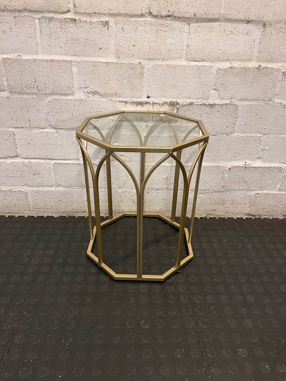 Hexagonal Gold Metal Side Table with Glass Top — Fair Used Condition – side view