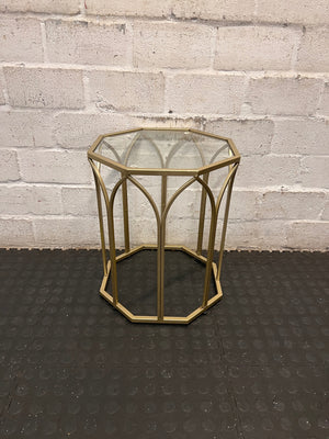 Hexagonal Gold Metal Side Table with Glass Top — Fair Used Condition – side view